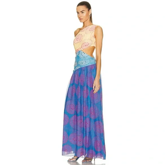 STAUD Ashlyn One-shoulder Chiffon Maxi Dress in Whirlpool Size 6 - Picture 4 of 11